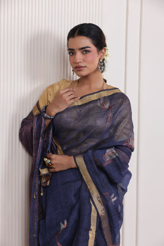 WOVEN TULIP LINEN ELEGANCE SAREE DRAPE OF SERENE BLUE SOPHISTICATION
