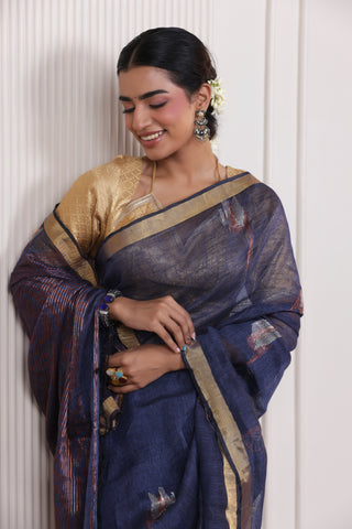 WOVEN TULIP LINEN ELEGANCE SAREE DRAPE OF SERENE BLUE SOPHISTICATION