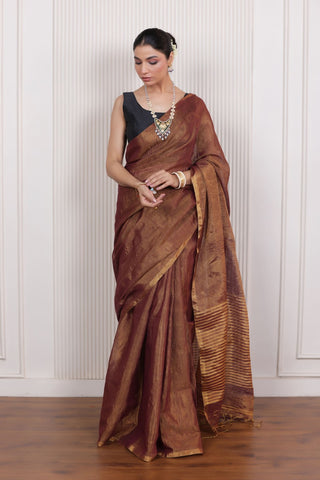 LUXE BROWN LINEN TISSUE DRAPE WITH MATTE GOLD FINISH AND HAND TIED TASSELS