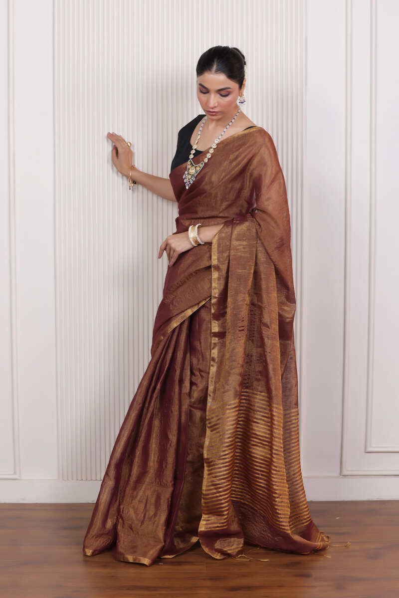 LUXE BROWN LINEN TISSUE DRAPE WITH MATTE GOLD FINISH AND HAND TIED TASSELS