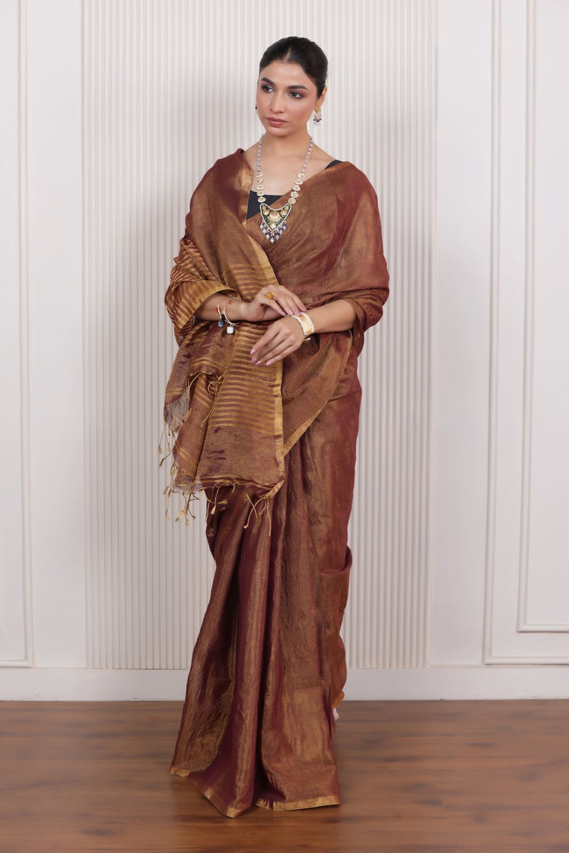 LUXE BROWN LINEN TISSUE DRAPE WITH MATTE GOLD FINISH AND HAND TIED TASSELS