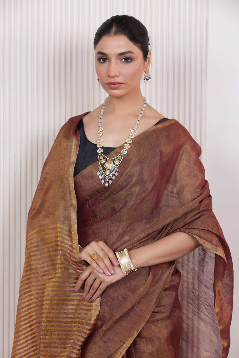 LUXE BROWN LINEN TISSUE DRAPE WITH MATTE GOLD FINISH AND HAND TIED TASSELS
