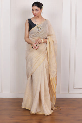 LUXE SANDAL LINEN TISSUE SAREE WITH SUBTLE GOLDEN ACCENTS AND CLASSIC FLOW