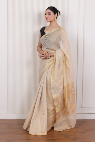 LUXE SANDAL LINEN TISSUE SAREE WITH SUBTLE GOLDEN ACCENTS AND CLASSIC FLOW
