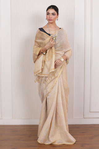 LUXE SANDAL LINEN TISSUE SAREE WITH SUBTLE GOLDEN ACCENTS AND CLASSIC FLOW