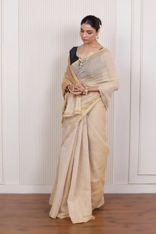 LUXE SANDAL LINEN TISSUE SAREE WITH SUBTLE GOLDEN ACCENTS AND CLASSIC FLOW