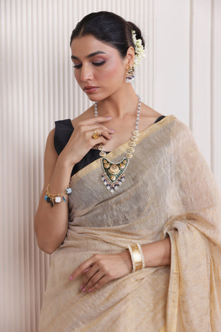 LUXE SANDAL LINEN TISSUE SAREE WITH SUBTLE GOLDEN ACCENTS AND CLASSIC FLOW