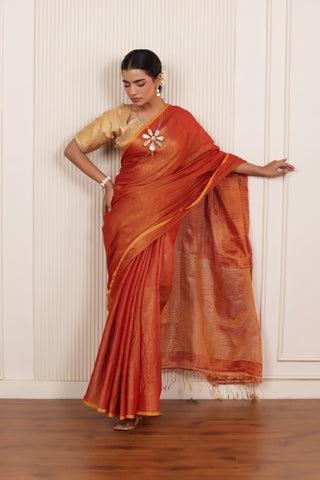 LUXY DARK ORANGE LINEN TISSUE SAREE WITH BOLD ZARI ACCENTS AND STATEMENT PALLU