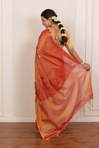 LUXY DARK ORANGE LINEN TISSUE SAREE WITH BOLD ZARI ACCENTS AND STATEMENT PALLU