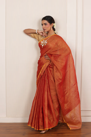 LUXY DARK ORANGE LINEN TISSUE SAREE WITH BOLD ZARI ACCENTS AND STATEMENT PALLU