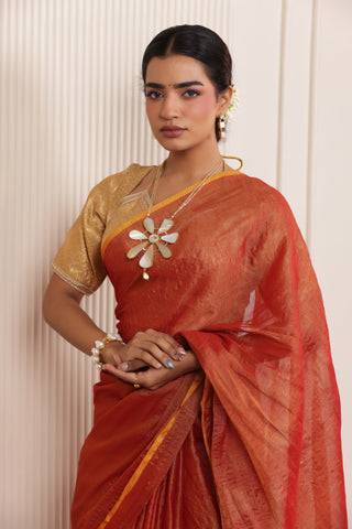 LUXY DARK ORANGE LINEN TISSUE SAREE WITH BOLD ZARI ACCENTS AND STATEMENT PALLU