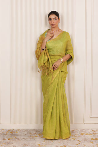 LUXE LIGHT GREEN LINEN SAREE WITH SOFT GOLD HIGHLIGHTS AND FESTIVE FINISH
