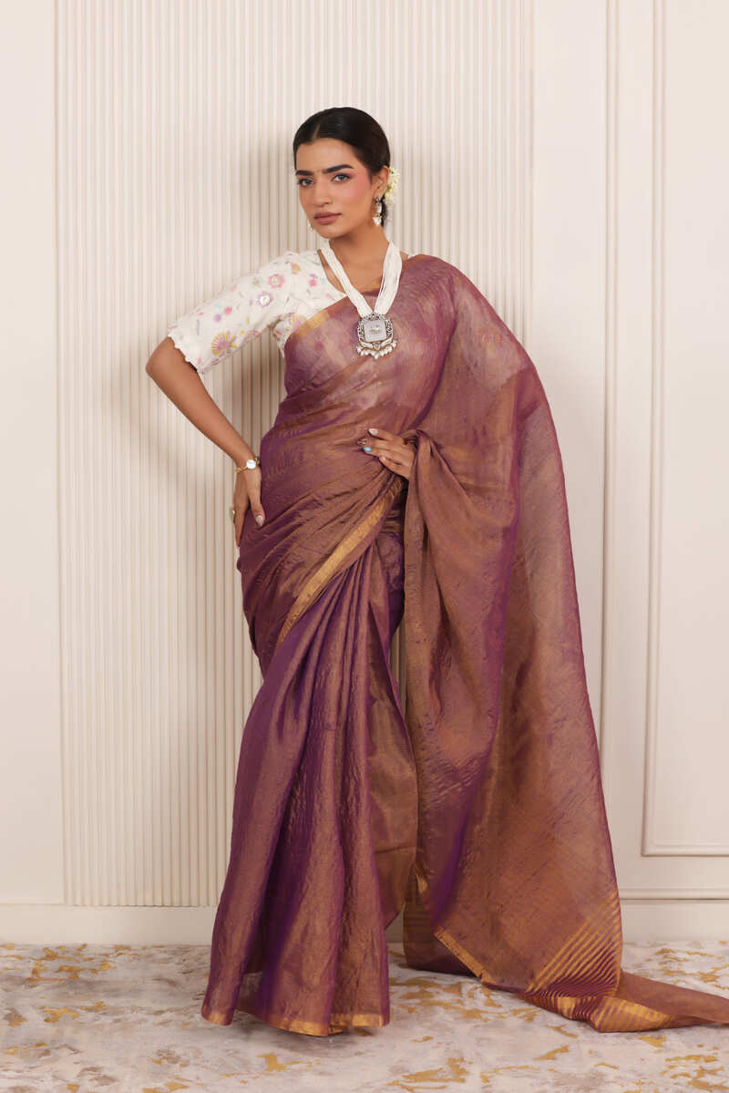 LUXE VIOLET LINEN TISSUE DRAPE WITH RICH SHEEN AND ZARI EDGED PALLU