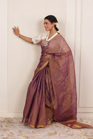 LUXE VIOLET LINEN TISSUE DRAPE WITH RICH SHEEN AND ZARI EDGED PALLU