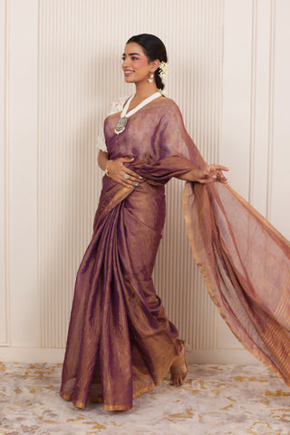 LUXE VIOLET LINEN TISSUE DRAPE WITH RICH SHEEN AND ZARI EDGED PALLU