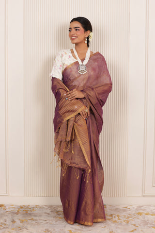 LUXE VIOLET LINEN TISSUE DRAPE WITH RICH SHEEN AND ZARI EDGED PALLU