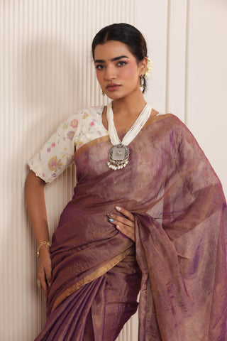 LUXE VIOLET LINEN TISSUE DRAPE WITH RICH SHEEN AND ZARI EDGED PALLU