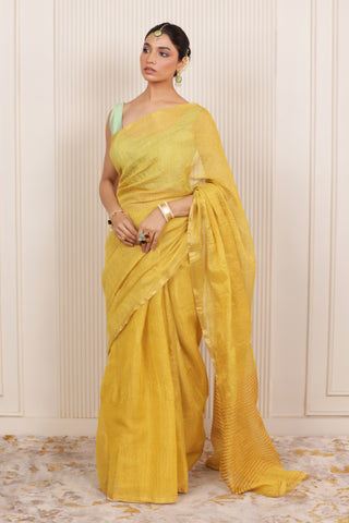 LUXE YELLOW LINEN TISSUE SAREE WITH ELEGANT SHEEN AND GOLDEN ZARI PALLU