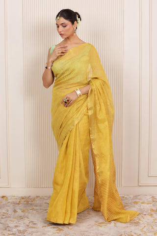 LUXE YELLOW LINEN TISSUE SAREE WITH ELEGANT SHEEN AND GOLDEN ZARI PALLU
