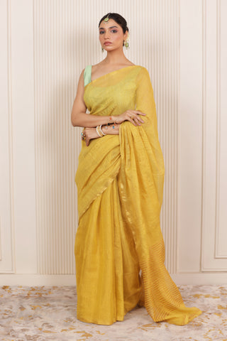 LUXE YELLOW LINEN TISSUE SAREE WITH ELEGANT SHEEN AND GOLDEN ZARI PALLU