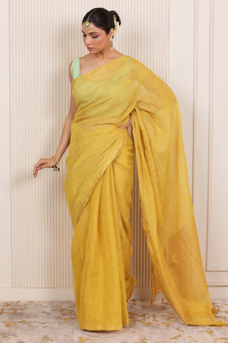 LUXE YELLOW LINEN TISSUE SAREE WITH ELEGANT SHEEN AND GOLDEN ZARI PALLU