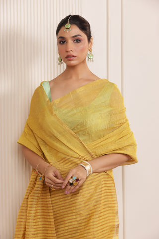 LUXE YELLOW LINEN TISSUE SAREE WITH ELEGANT SHEEN AND GOLDEN ZARI PALLU