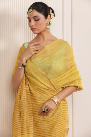 LUXE YELLOW LINEN TISSUE SAREE WITH ELEGANT SHEEN AND GOLDEN ZARI PALLU