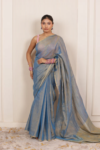 LUXE BLUE LINEN TISSUE SAREE WITH RADIANT GLOW AND MINIMALIST ZARI WORK
