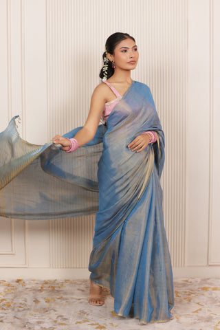 LUXE BLUE LINEN TISSUE SAREE WITH RADIANT GLOW AND MINIMALIST ZARI WORK