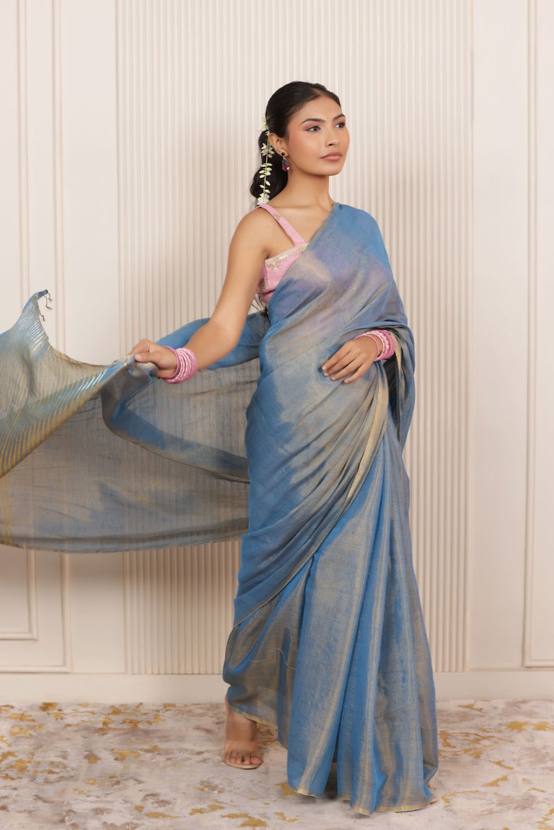 LUXE BLUE LINEN TISSUE SAREE WITH RADIANT GLOW AND MINIMALIST ZARI WORK