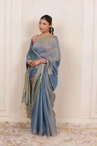 LUXE BLUE LINEN TISSUE SAREE WITH RADIANT GLOW AND MINIMALIST ZARI WORK