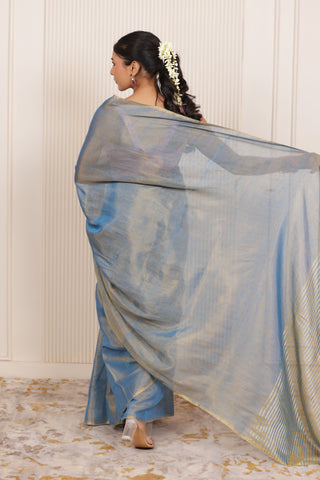 LUXE BLUE LINEN TISSUE SAREE WITH RADIANT GLOW AND MINIMALIST ZARI WORK