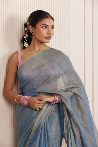 LUXE BLUE LINEN TISSUE SAREE WITH RADIANT GLOW AND MINIMALIST ZARI WORK