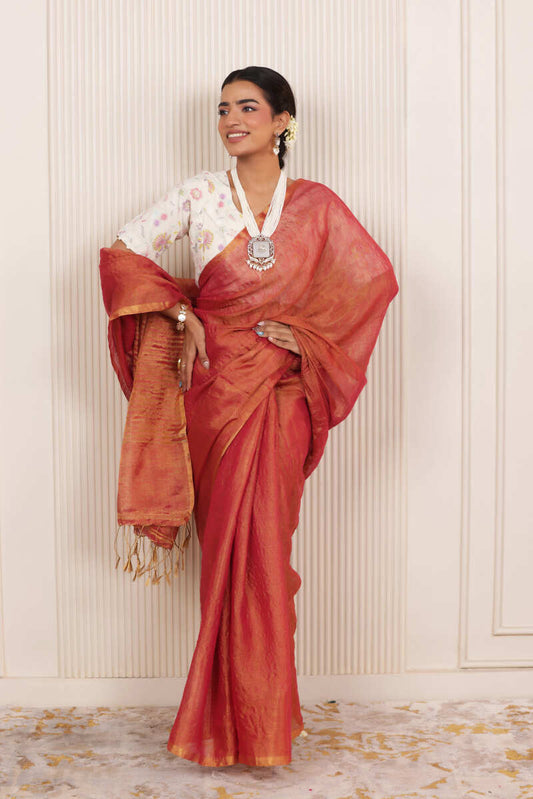 LUXE ORANGE LINEN TISSUE DRAPE WITH GLOSSY TEXTURE AND FESTIVE GRACE