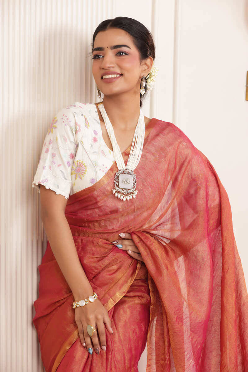 LUXE ORANGE LINEN TISSUE DRAPE WITH GLOSSY TEXTURE AND FESTIVE GRACE