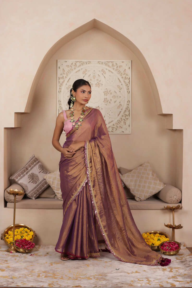 VIOLET BLOOM LUSTROUS TISSUE SAREE WITH ELEGANT LACE FINISH