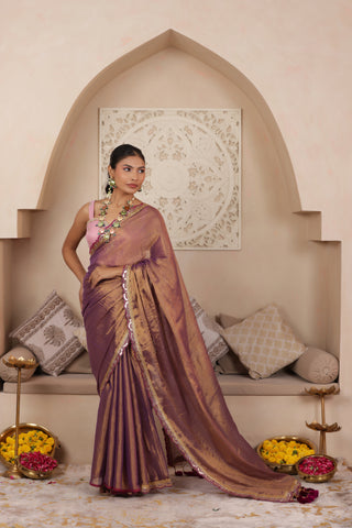 VIOLET BLOOM LUSTROUS TISSUE SAREE WITH ELEGANT LACE FINISH