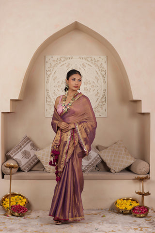 VIOLET BLOOM LUSTROUS TISSUE SAREE WITH ELEGANT LACE FINISH