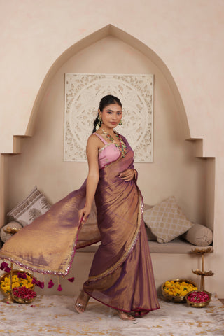 VIOLET BLOOM LUSTROUS TISSUE SAREE WITH ELEGANT LACE FINISH