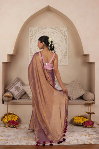 VIOLET BLOOM LUSTROUS TISSUE SAREE WITH ELEGANT LACE FINISH