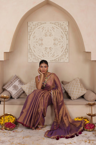 VIOLET BLOOM LUSTROUS TISSUE SAREE WITH ELEGANT LACE FINISH