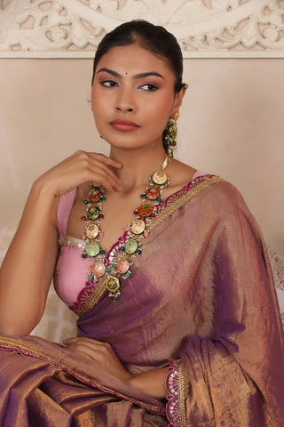 VIOLET BLOOM LUSTROUS TISSUE SAREE WITH ELEGANT LACE FINISH
