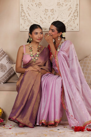 VIOLET BLOOM LUSTROUS TISSUE SAREE WITH ELEGANT LACE FINISH