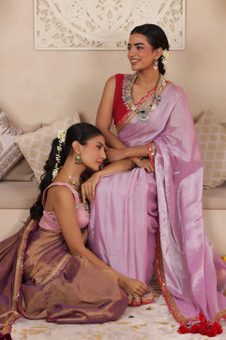 VIOLET BLOOM LUSTROUS TISSUE SAREE WITH ELEGANT LACE FINISH