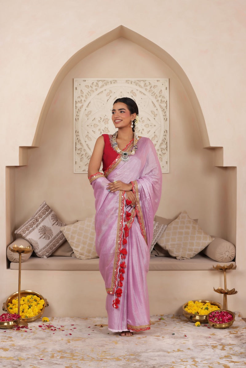 PINK LUSTROUS TISSUE SAREE WITH BEAUTIFUL LACE WORK