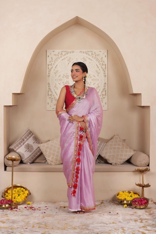 PINK LUSTROUS TISSUE SAREE WITH BEAUTIFUL LACE WORK