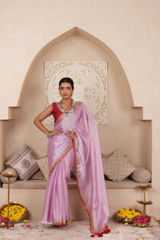PINK LUSTROUS TISSUE SAREE WITH BEAUTIFUL LACE WORK