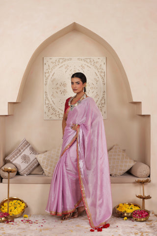 PINK LUSTROUS TISSUE SAREE WITH BEAUTIFUL LACE WORK