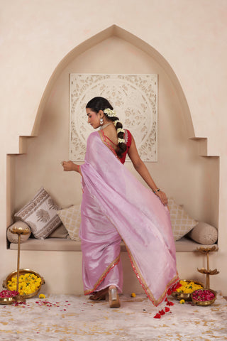 PINK LUSTROUS TISSUE SAREE WITH BEAUTIFUL LACE WORK
