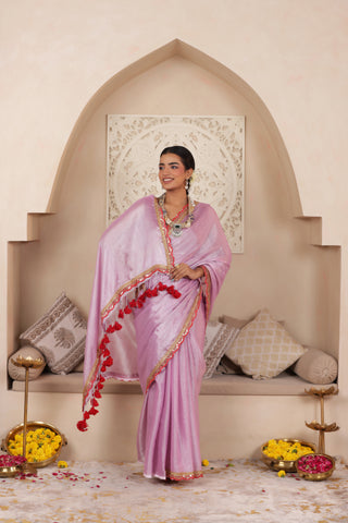 PINK LUSTROUS TISSUE SAREE WITH BEAUTIFUL LACE WORK